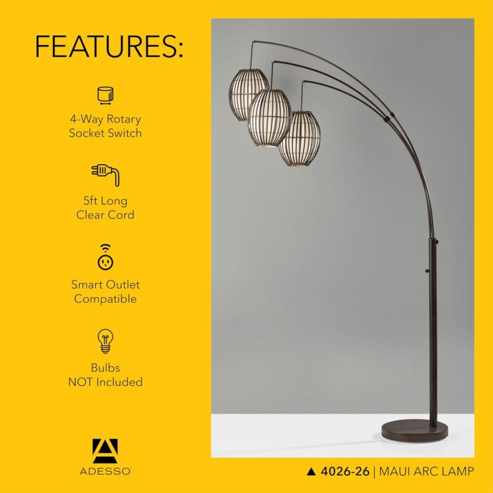 Adesso Maui Arc Floor Lamp with 3 Movable Shades & Adjustable Height- Perfect Lighting for Bedroom, Living Room and Corner Decor, Antique Bronze - Image 5