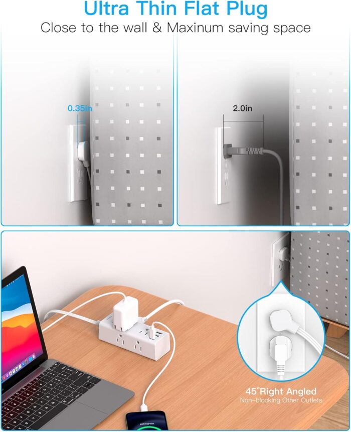 One Beat 10Ft Extension Cord with Multiple Outlets,Flat Plug Power Strip Surge Protector with 10 Ft Long Cord,6 Outlet 3 USB Ports (1USB C),Multi Outlet Wall Plug for Travel,College,Dorm Essentials - Image 6