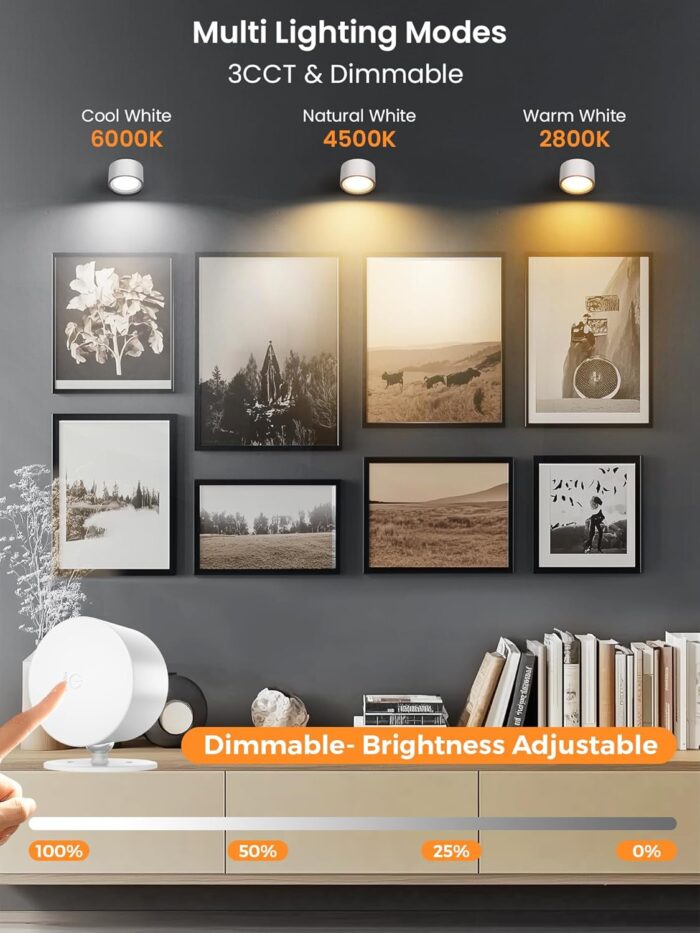 LED Wall Sconces Rechargeable Wall Mounted Wireless Lights, 3 Color Temperatures & Dimmable, Magnetic 360° Rotation Picture Lights Bedside Decor Wall Lamps for Bedroom Night Reading - Image 3
