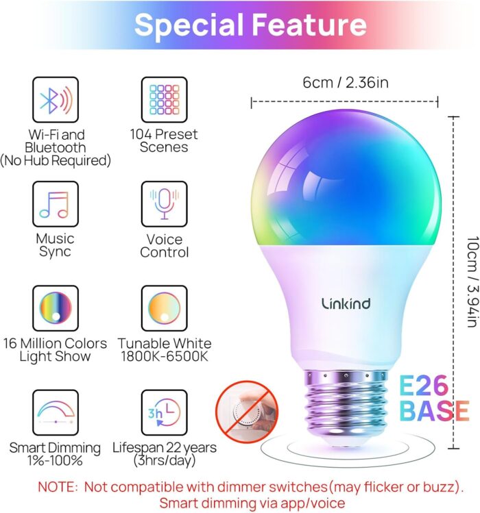 Linkind Smart Light Bulbs, Smart Bulb That Work with Alexa & Google Home, LED Light Bulbs Color Changing, 104 Preset Scene, Music Sync, A19 E26 2.4GHz RGBTW WiFi Bluetooth Light Bulb 60W, 800LM, 4Pack - Image 2