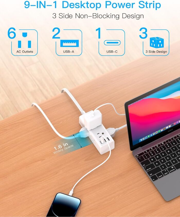 One Beat 10Ft Extension Cord with Multiple Outlets,Flat Plug Power Strip Surge Protector with 10 Ft Long Cord,6 Outlet 3 USB Ports (1USB C),Multi Outlet Wall Plug for Travel,College,Dorm Essentials - Image 3