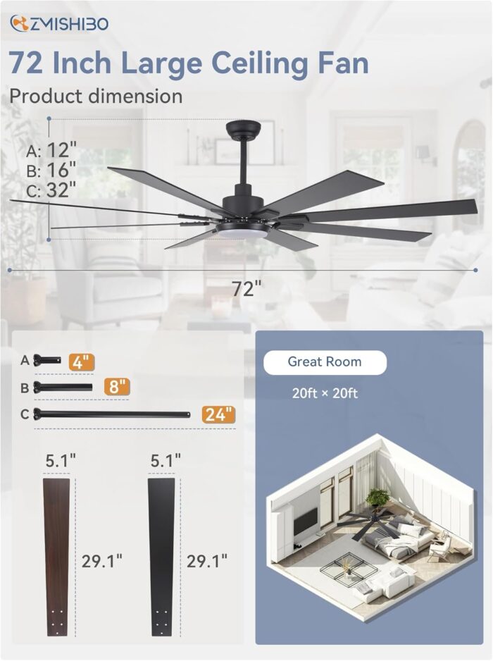ZMISHIBO 72 inch Large Ceiling Fans with Lights and Remote, Indoor/Outdoor Black Modern Ceiling Fan for Kitchen Living Room Patio, 6 Speed Reversible Quiet DC Motor, 3 CCT, Dual Finish 8 Blades - Image 3