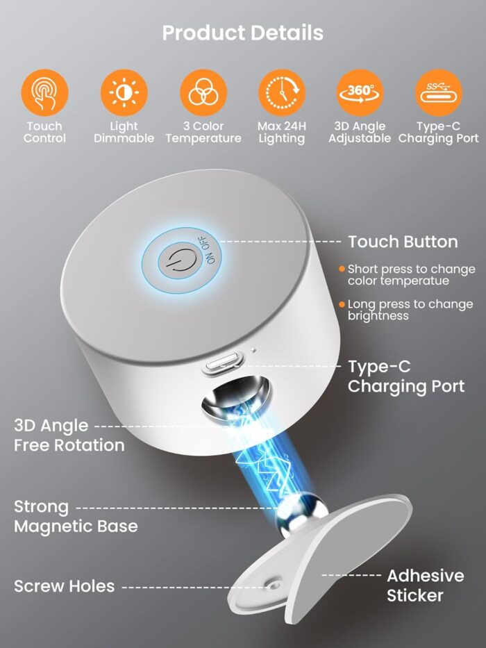 LED Wall Sconces Rechargeable Wall Mounted Wireless Lights, 3 Color Temperatures & Dimmable, Magnetic 360° Rotation Picture Lights Bedside Decor Wall Lamps for Bedroom Night Reading - Image 4