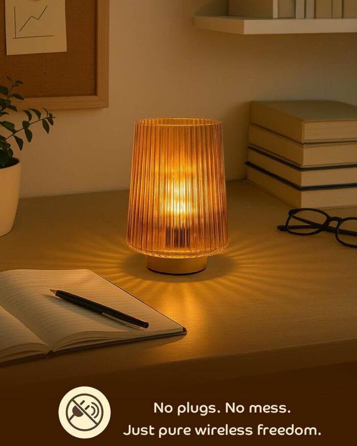 Battery Operated Lamp with Timer, Small Cozy Table Lamps for College Dorm, Aesthetic Cordless Battery Powered Decorative Lamp for Bedside Living Room Shelf Amber - Image 5