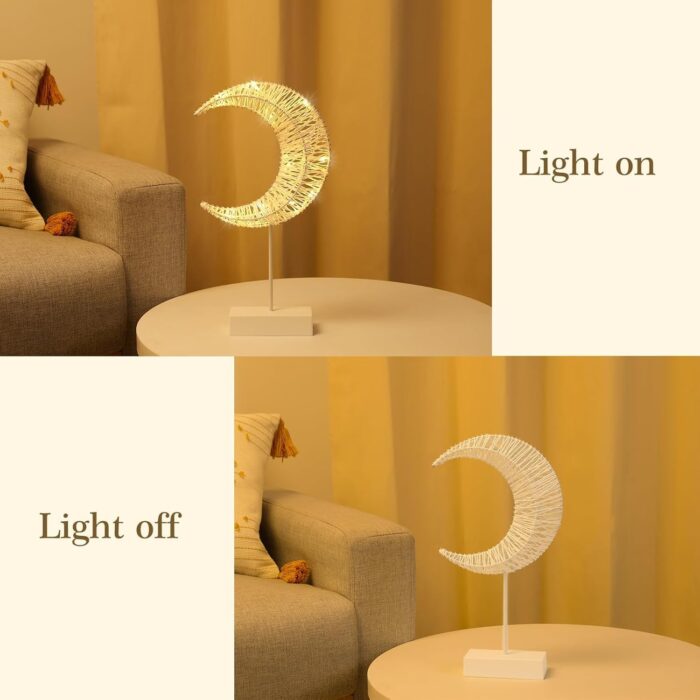 Decorative Table Lamp, Moon Shape Ramadan Desk Lamp Battery Powered Light, Winding Thread Warm LED Crescent Light Christmas Home Bedroom Romantic Bedside Desktop Nightstand Decoration, White - Image 7