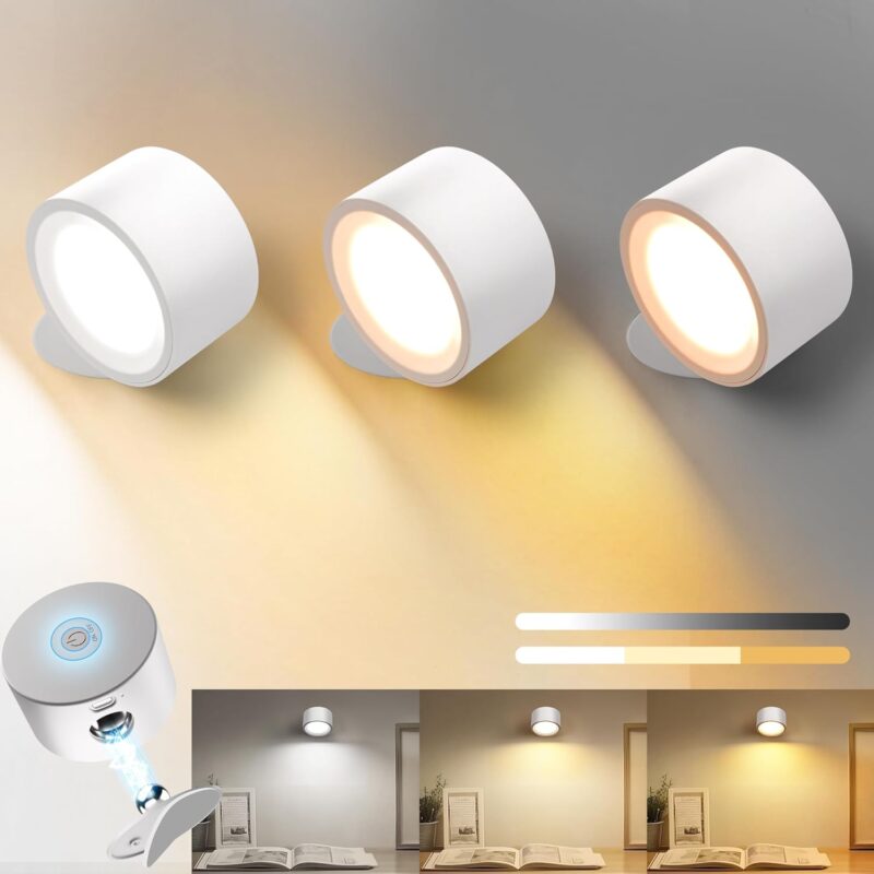 LED Wall Sconces Rechargeable Wall Mounted Wireless Lights, 3 Color Temperatures & Dimmable, Magnetic 360° Rotation Picture Lights Bedside Decor Wall Lamps for Bedroom Night Reading