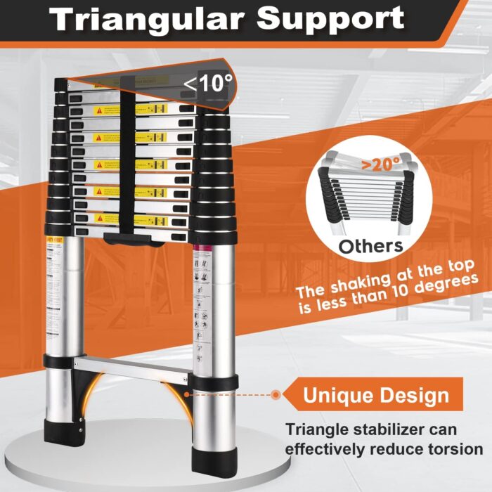 Telescoping Ladder, SocTone 12.5 FT Aluminum Lightweight Extension Ladder with 2 Triangle Stabilizers, Heavy Duty 330lbs Max Capacity, Multi-Purpose Collapsible Ladder for RV or Outdoor Work - Image 2