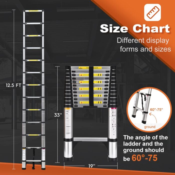 Telescoping Ladder, SocTone 12.5 FT Aluminum Lightweight Extension Ladder with 2 Triangle Stabilizers, Heavy Duty 330lbs Max Capacity, Multi-Purpose Collapsible Ladder for RV or Outdoor Work - Image 6
