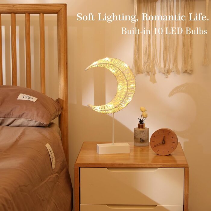 Decorative Table Lamp, Moon Shape Ramadan Desk Lamp Battery Powered Light, Winding Thread Warm LED Crescent Light Christmas Home Bedroom Romantic Bedside Desktop Nightstand Decoration, White - Image 2