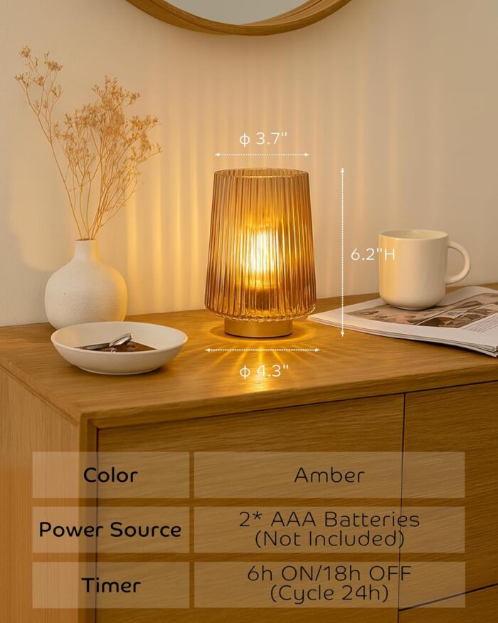 Battery Operated Lamp with Timer, Small Cozy Table Lamps for College Dorm, Aesthetic Cordless Battery Powered Decorative Lamp for Bedside Living Room Shelf Amber - Image 3