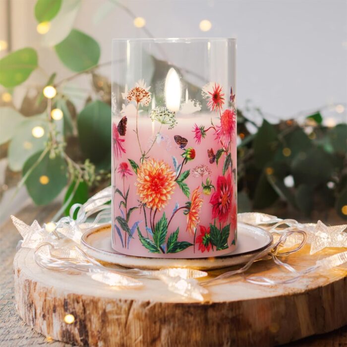 Pink Floral Glass Flameless Candles with Remote, Flickering Real Wax LED Pillar Candles Set of 3 - Image 6