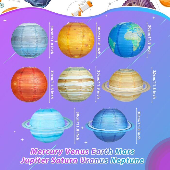 8 PCS Planet Paper Lanterns, 12 Inch Outer Space Party Decorations, Solar System Hanging Planets Lantern for Kids Space Theme Party Birthday Room Decorations - Image 2
