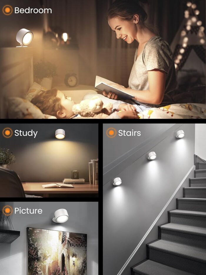 LED Wall Sconces Rechargeable Wall Mounted Wireless Lights, 3 Color Temperatures & Dimmable, Magnetic 360° Rotation Picture Lights Bedside Decor Wall Lamps for Bedroom Night Reading - Image 7