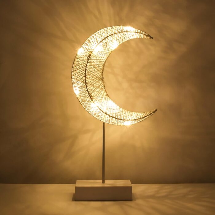 Decorative Table Lamp, Moon Shape Ramadan Desk Lamp Battery Powered Light, Winding Thread Warm LED Crescent Light Christmas Home Bedroom Romantic Bedside Desktop Nightstand Decoration, White