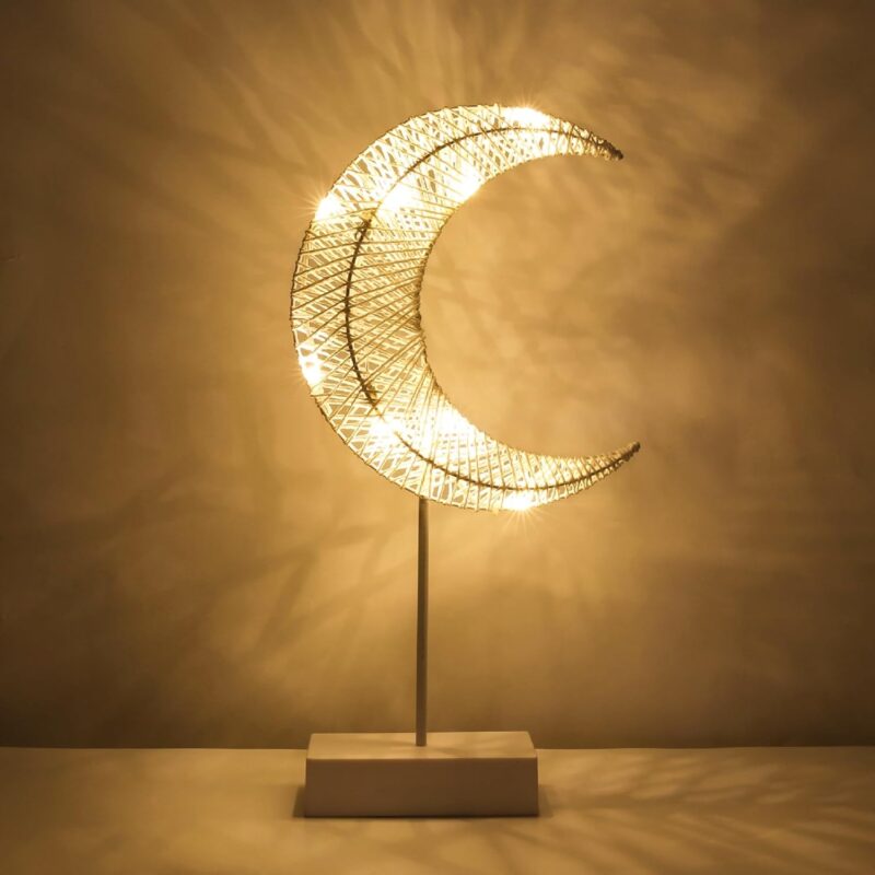 Decorative Table Lamp, Moon Shape Ramadan Desk Lamp Battery Powered Light, Winding Thread Warm LED Crescent Light Christmas Home Bedroom Romantic Bedside Desktop Nightstand Decoration, White