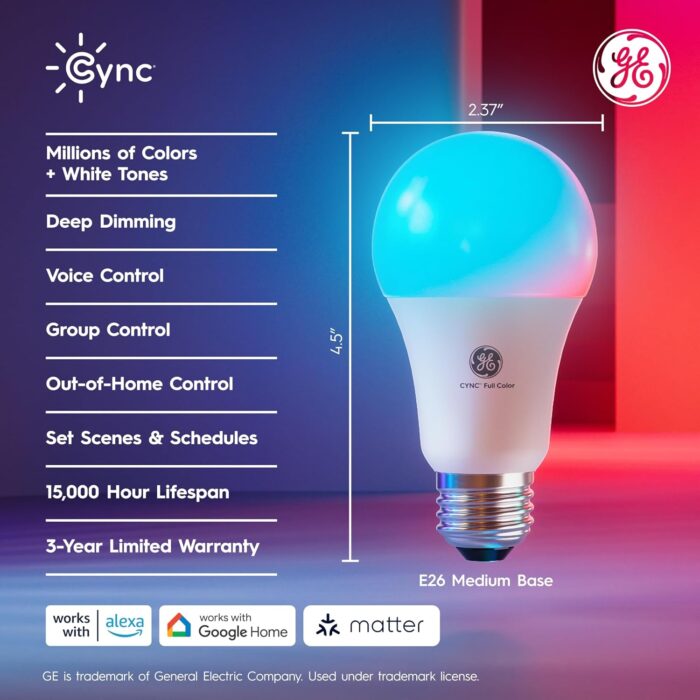 Cync GE A19 Smart LED Light Bulbs, Room Decor Aesthetic Color Changing WiFi Lights, LED Indoor Light Bulb, Compatible with Alexa and Google (2 Pack) - Image 2