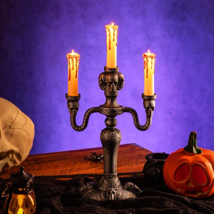 JOYIN 2 Pcs Skull Candelabra Halloween Decorations Indoor LED Lights Flameless Candles Holder, Scary Haunted House Mansion Decor for Table Home Party - Image 7