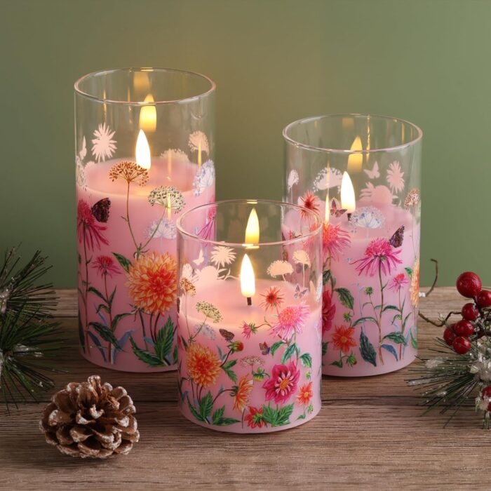Pink Floral Glass Flameless Candles with Remote, Flickering Real Wax LED Pillar Candles Set of 3 - Image 5