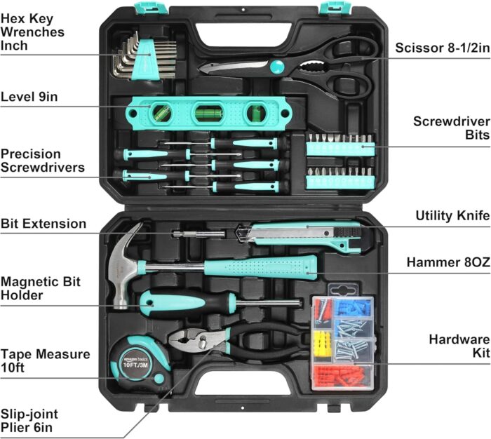 Amazon Basics Household Tool Kit With Storage Case, 142 Piece, Turquoise, 13.39 x 9.25 x 2.95 inch - Image 3