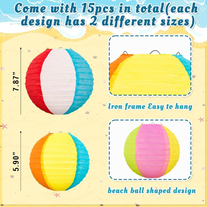 15Pcs Pool Party Decorations Beach Ball Paper Lanterns - Summer Luau Themed Hanging Decor for Home Birthday Outdoor Indoor - Image 3