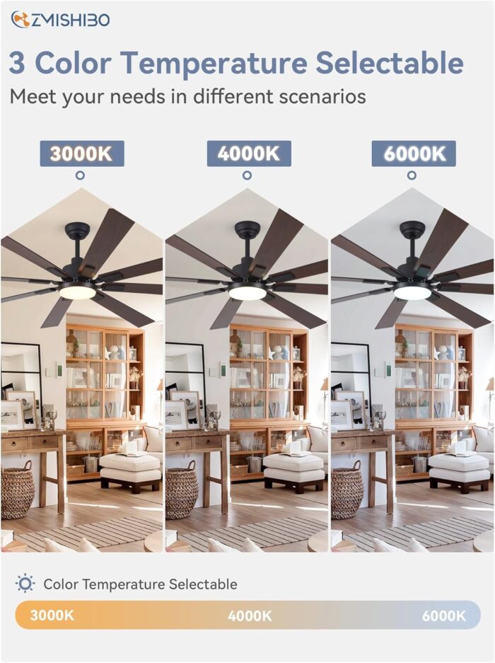 ZMISHIBO 72 inch Large Ceiling Fans with Lights and Remote, Indoor/Outdoor Black Modern Ceiling Fan for Kitchen Living Room Patio, 6 Speed Reversible Quiet DC Motor, 3 CCT, Dual Finish 8 Blades - Image 7