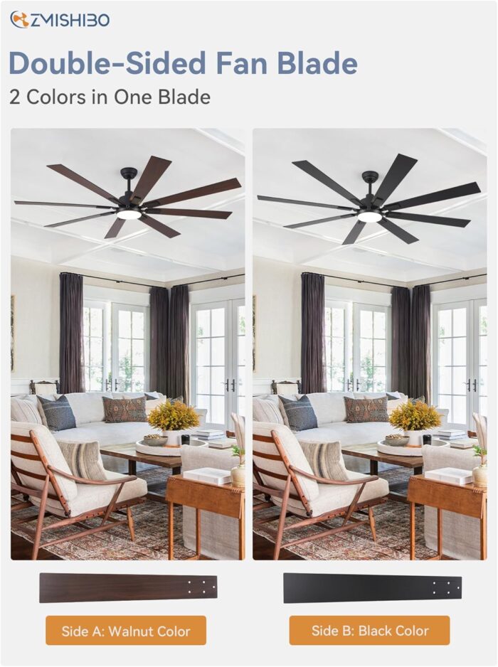 ZMISHIBO 72 inch Large Ceiling Fans with Lights and Remote, Indoor/Outdoor Black Modern Ceiling Fan for Kitchen Living Room Patio, 6 Speed Reversible Quiet DC Motor, 3 CCT, Dual Finish 8 Blades - Image 2