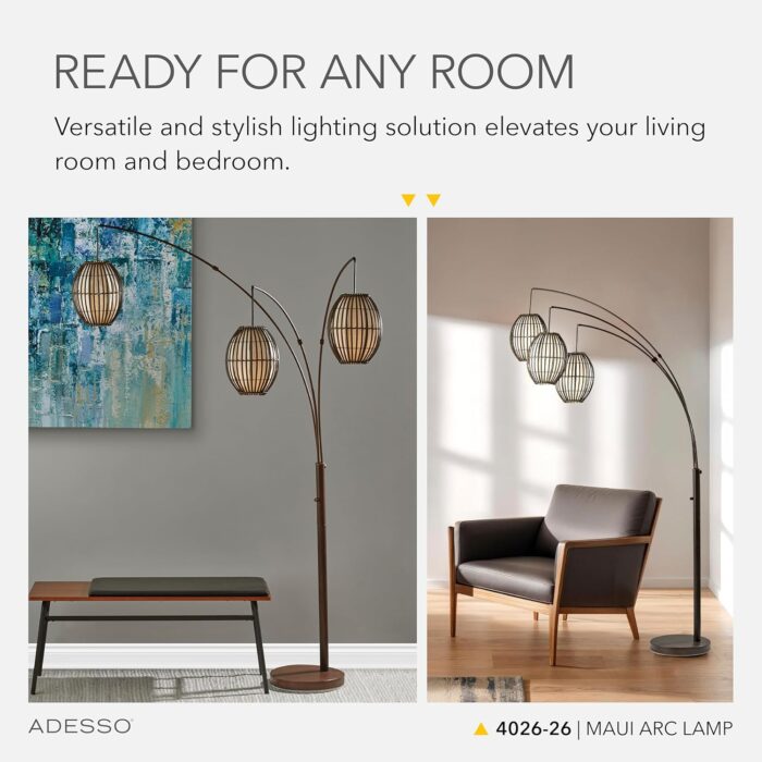 Adesso Maui Arc Floor Lamp with 3 Movable Shades & Adjustable Height- Perfect Lighting for Bedroom, Living Room and Corner Decor, Antique Bronze - Image 3