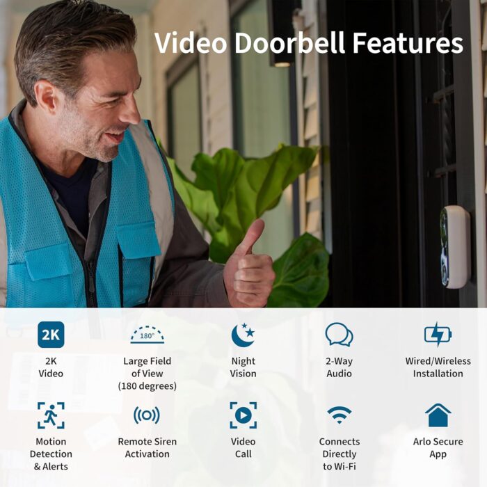 Arlo Video Doorbell 2K | 2nd Gen | Wire-Free/Wired Option, 2-Way Audio, Night Vision, Head to Toe Video View, Integrated Siren | Live Stream | Real Time Notifications |180 Deg Wide View, White - Image 2