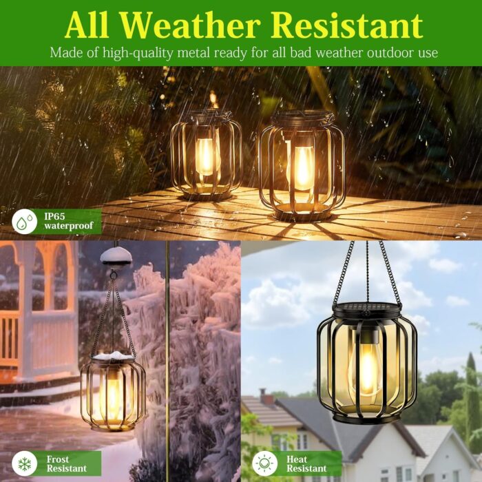 Solar Hanging Lanterns Outdoor: 2 Pack Metal Solar Hanging Lights with Hook, Bright - Warm Waterproof LED Lanterns for Outside, Classic Decorative Solar-Powered Light for Yard Garden Patio Porch Decor - Image 4