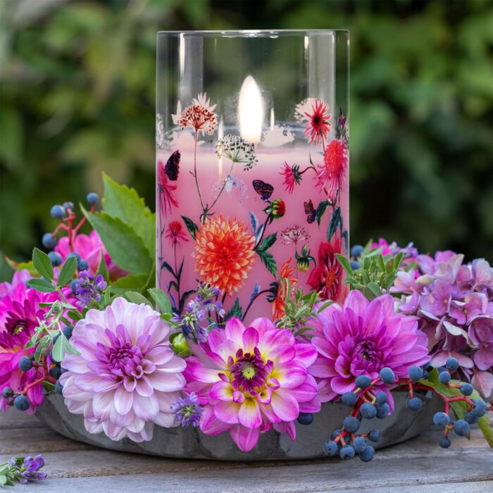 Pink Floral Glass Flameless Candles with Remote, Flickering Real Wax LED Pillar Candles Set of 3 - Image 7