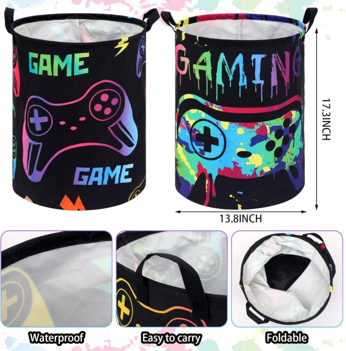 Zhehao 2 Pcs Gamer Laundry Basket Boys Hamper Kids Gaming Storage Basket Hamper Clothes Organizer Toy Storage for Bedroom Bathroom Gamer Room Decor(Fresh) - Image 2