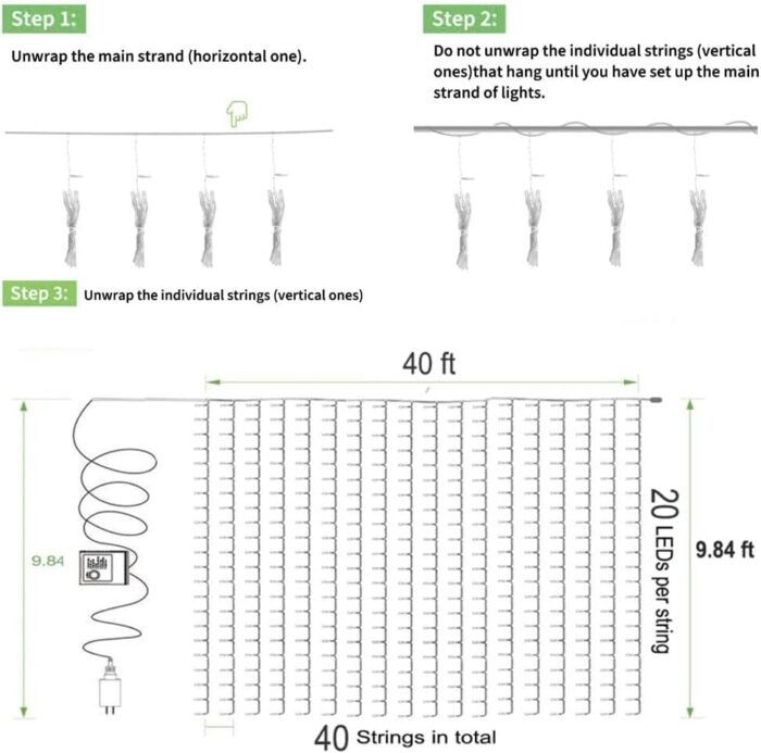Solhice LED Curtain Lights Outdoor 40ft x10ft, 800 LED Plug in Hanging String Lights Indoor, Christmas Twinkle Lights Backdrop for Outside Backyard Patio Wedding Décor, Warm White (Not Connectable) - Image 6