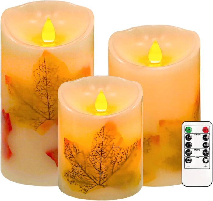 Flameless Candles Lights,Set of 3 Maple Leaf Flickering LED Candles with Remote & Timer, Dimmable LED Pillar Candles Battery Operated, Electric Candles for Thanksgiving Halloween Fall Harvest Decor