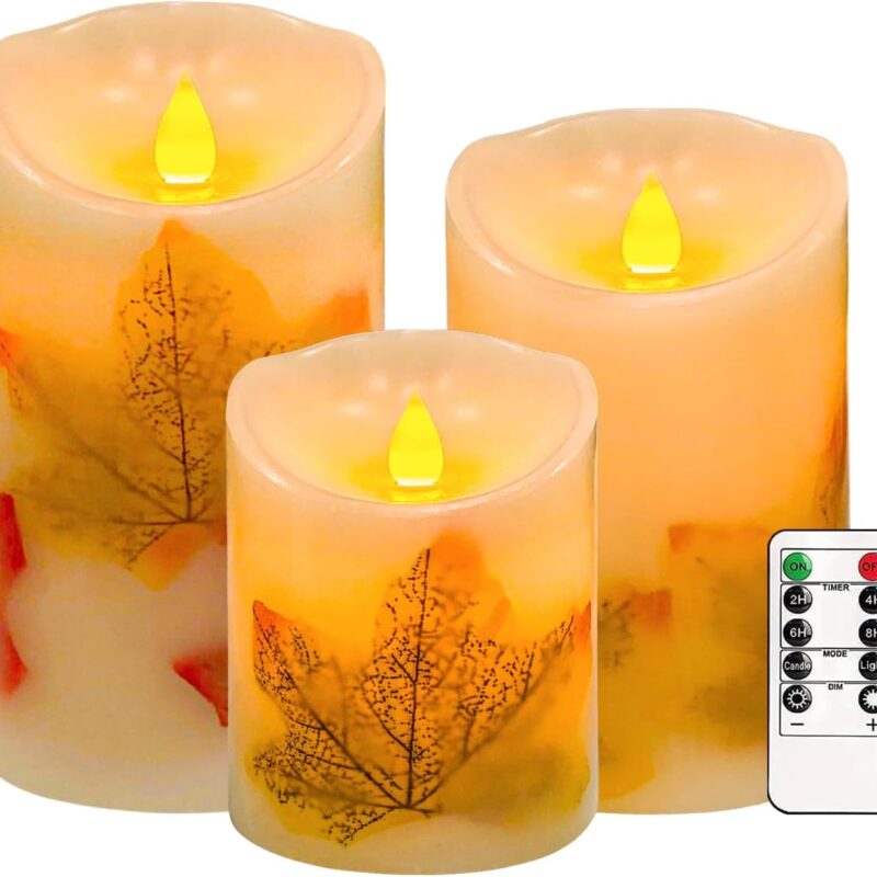 Flameless Candles Lights,Set of 3 Maple Leaf Flickering LED Candles with Remote & Timer, Dimmable LED Pillar Candles Battery Operated, Electric Candles for Thanksgiving Halloween Fall Harvest Decor