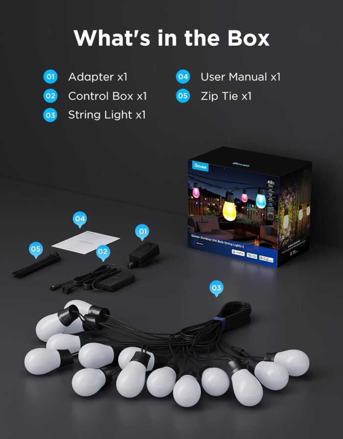 Govee S14 Bulb Outdoor String Lights 2, 48ft Smart RGBIC Warm White Patio Lights with 15 LED Bulbs, 111 Scene Modes for Outdoor Decor, Works with Alexa, Google, Matter, APP Control, IP66 Waterproof - Image 9