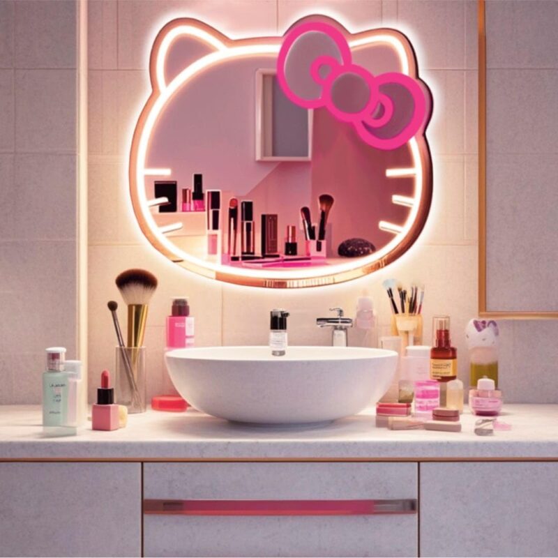 GALLIA Anime Hello Kit Mirror Vanity,Neon Mirror with Dimmable for Teen Girl Gift，Neon Sign Stuff Room Decor,Makeup Mirror neon Sign Room Decor，