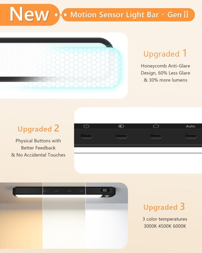 WILLED Under Cabinet & Closet Lights, Motion Sensor, Rechargeable, Magnetic, 3 Color Temps, Dimmable LED Light Bar for Indoor Kitchen Counter (2 Pack, Black) - Image 2
