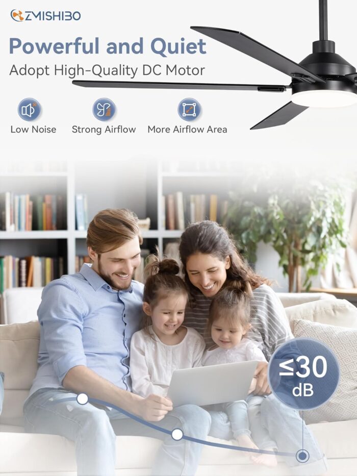 ZMISHIBO 60" Ceiling Fans with Lights, Black Modern Ceiling Fan with Remote, Farmhouse Indoor Ceiling Fan with Dual Finish Blades, Quiet & Strong Motor, Bright LED Light. - Image 4