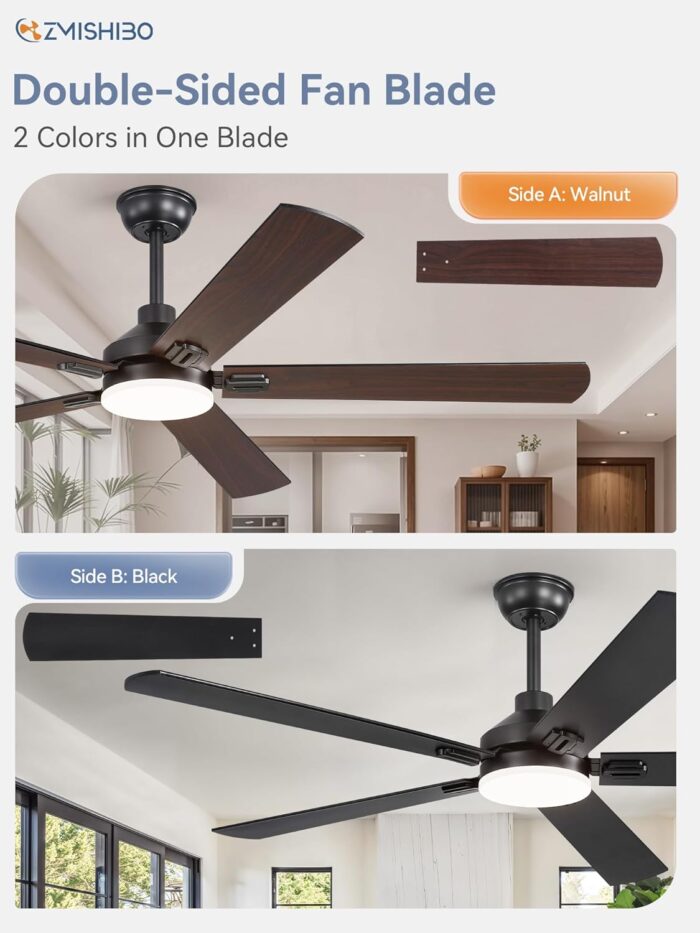 ZMISHIBO 60" Ceiling Fans with Lights, Black Modern Ceiling Fan with Remote, Farmhouse Indoor Ceiling Fan with Dual Finish Blades, Quiet & Strong Motor, Bright LED Light. - Image 3