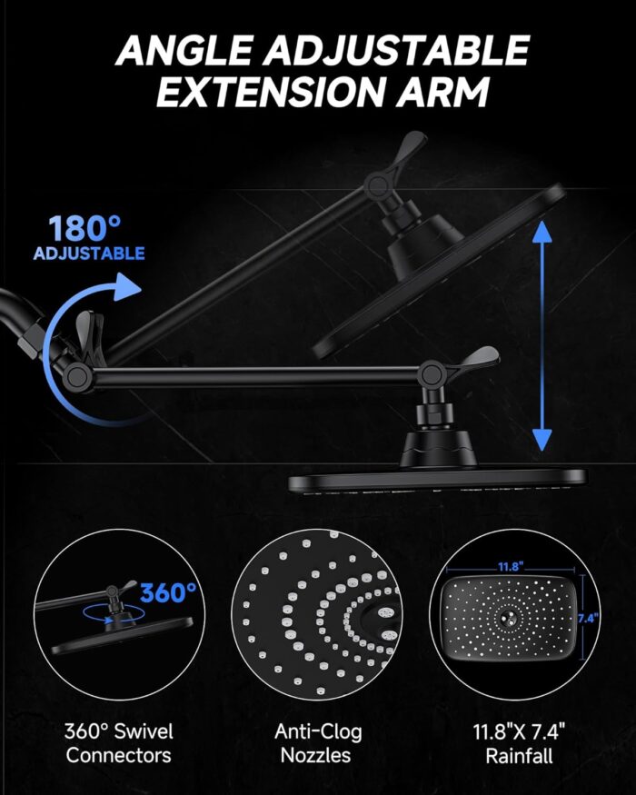 Veken 11.8" Rain Shower Head, Rectangular Rainfall Showerhead with 11" Stainless Steel Exension Arm, Height & Angle Decor Adjustable, High Pressure Showheads, Bathroom Accessories, 2.5GPM Matte Black - Image 4