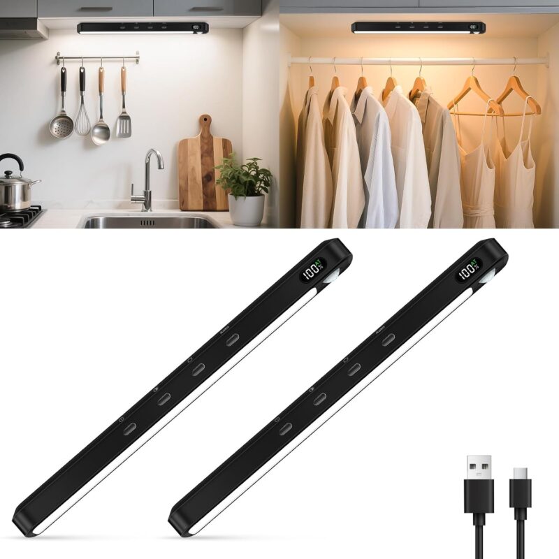 WILLED Under Cabinet & Closet Lights, Motion Sensor, Rechargeable, Magnetic, 3 Color Temps, Dimmable LED Light Bar for Indoor Kitchen Counter (2 Pack, Black)