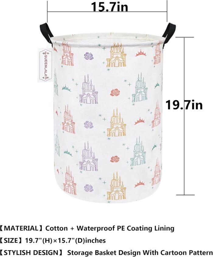 QUEENLALA Large Storage Basket,Laundry Hamper/Bathroom/Home Decor/Collapsible Round Storage Bin,Boys and Girls Hamper/Boxes/Clothing(Round-Rose Castle) - Image 2