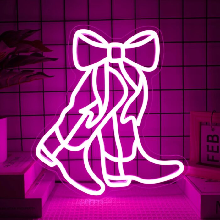 Cowboy Boot Neon Sign Bow Neon Sign LED Pink Cowgirl Boots Light Signs Wall Decor Aesthetic Western Wall Art Suitable for Game Room Country Parties Bow Decor Bedroom Bar Birthday Gift(12.8 * 11.7in) - Image 2