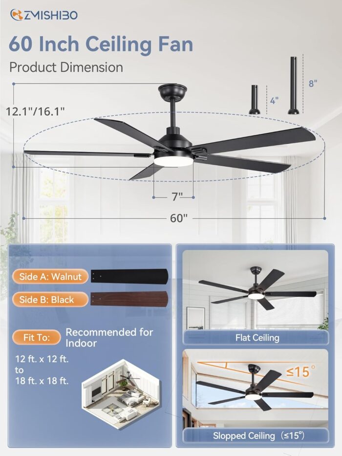 ZMISHIBO 60" Ceiling Fans with Lights, Black Modern Ceiling Fan with Remote, Farmhouse Indoor Ceiling Fan with Dual Finish Blades, Quiet & Strong Motor, Bright LED Light. - Image 5