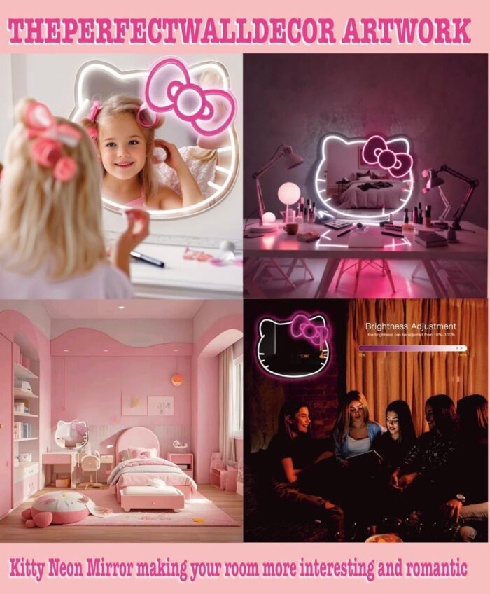 GALLIA Anime Hello Kit Mirror Vanity,Neon Mirror with Dimmable for Teen Girl Gift，Neon Sign Stuff Room Decor,Makeup Mirror neon Sign Room Decor， - Image 2