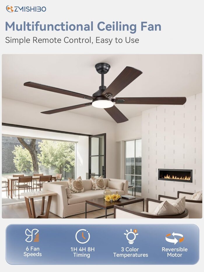 ZMISHIBO 60" Ceiling Fans with Lights, Black Modern Ceiling Fan with Remote, Farmhouse Indoor Ceiling Fan with Dual Finish Blades, Quiet & Strong Motor, Bright LED Light. - Image 2