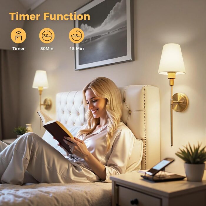 DORESshop Battery Operated Wall Sconce Set of 2, Wall Light Wireless Easy to Install Remote Control, Dimmable and Adjustable Sconces Wall Decor, Rechargeable Wall Lamp for Bedroom, Living Room, Gold - Image 5