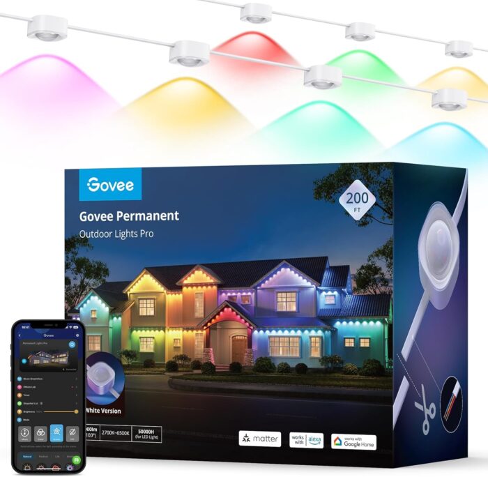 Govee Permanent Outdoor Lights Pro, 200ft with 120 RGBIC LED Lights for Daily and Accent Lighting, 75 Scene Modes for Outdoor Decor, IP67 Waterproof, Works with Alexa, Google Assistant, Matter, White