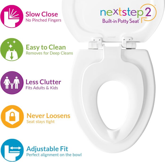 Mayfair NextStep2 Slow-Close Toilet Seat with Built-In Toddler Potty Training Seat, Removable, White, Elongated - Image 2