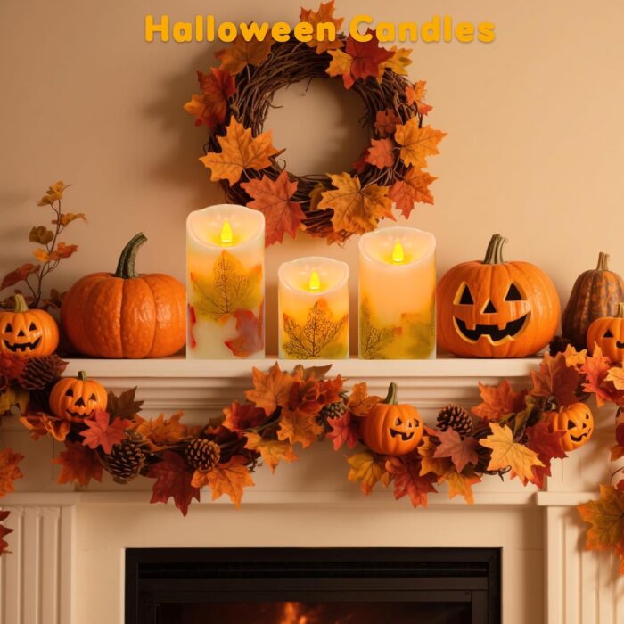 Flameless Candles Lights,Set of 3 Maple Leaf Flickering LED Candles with Remote & Timer, Dimmable LED Pillar Candles Battery Operated, Electric Candles for Thanksgiving Halloween Fall Harvest Decor - Image 5